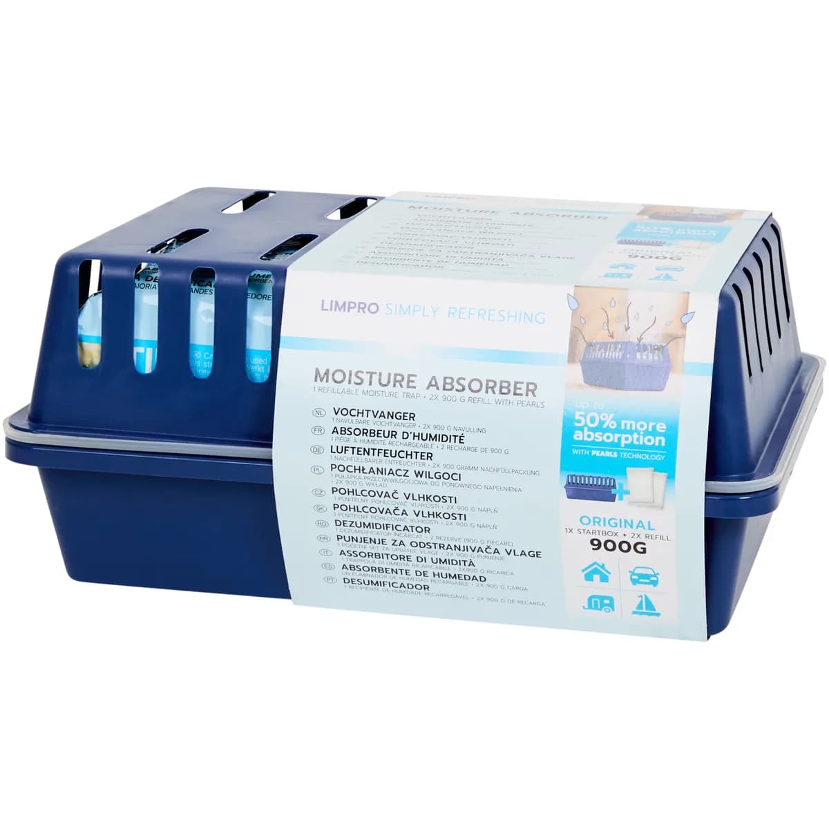 Déshumidificateur Action : absorbeur d'humidité Limpro bleu avec 2 recharges de perles de 900 g
