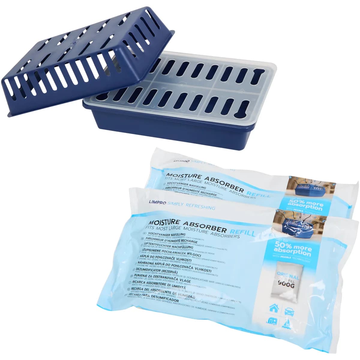 Bac, grille et 2 sachets de recharge de perles absorbantes d'un déshumidificateur Action Limpro