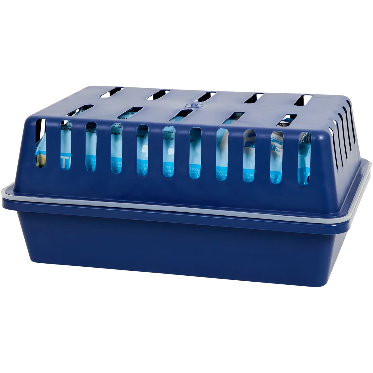 Déshumidificateur Action : bac bleu avec grille laissant voir le sachet de perles absorbantes
